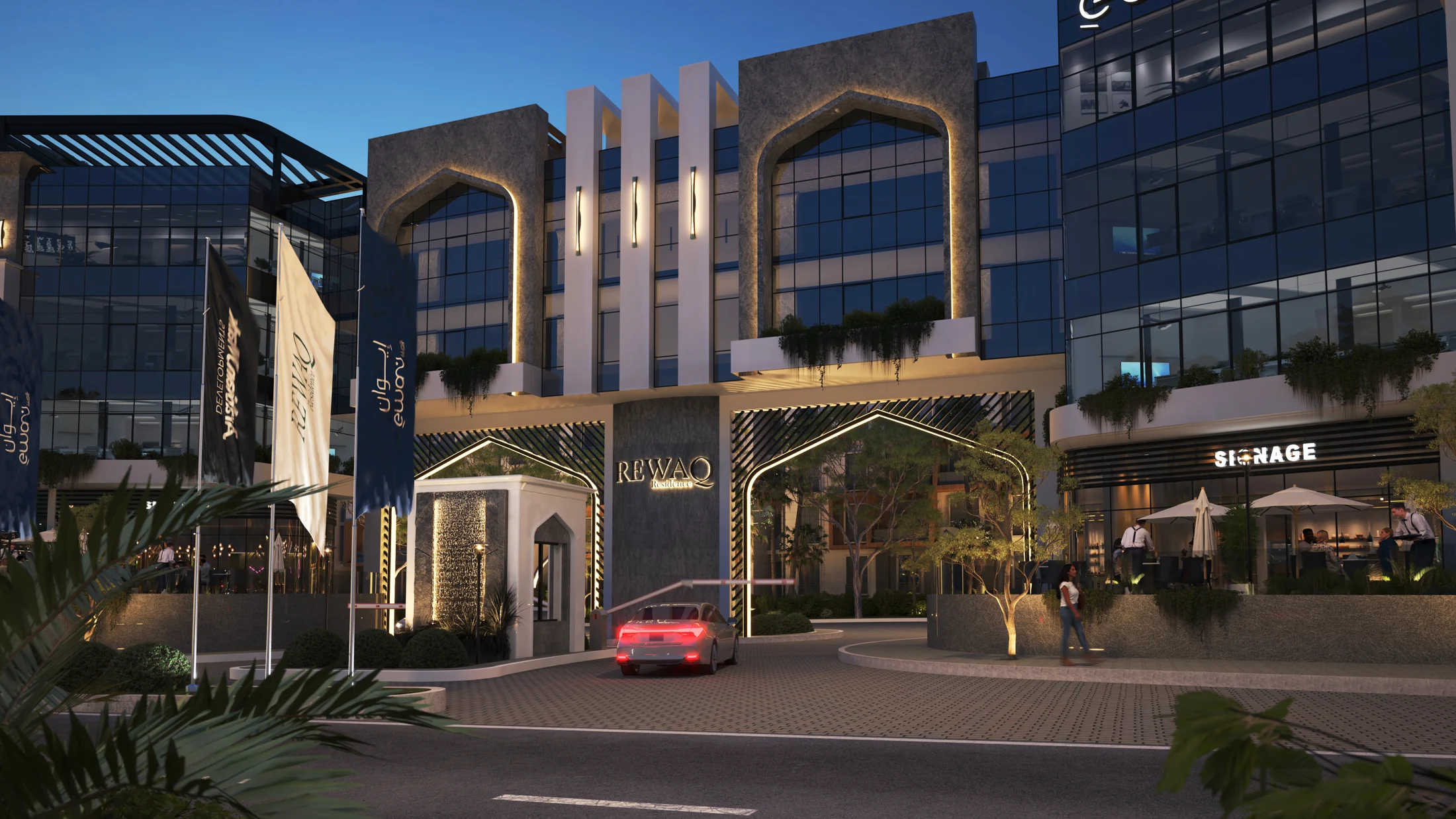 Ewan Walk entrance at dusk — architectural rendering