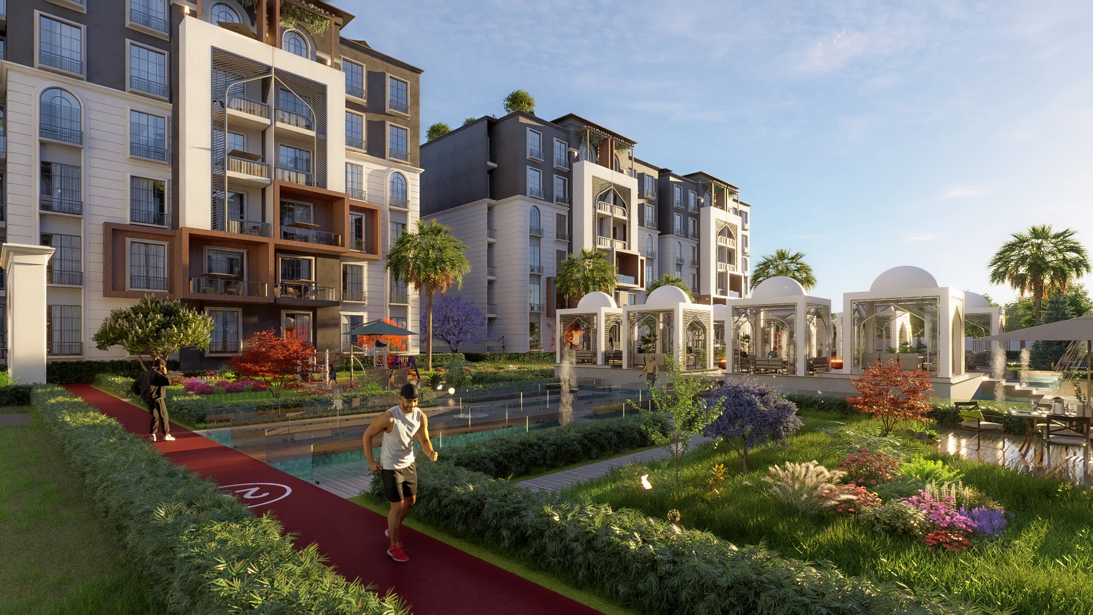 Rewaq Residence landscaped courtyard and residential buildings